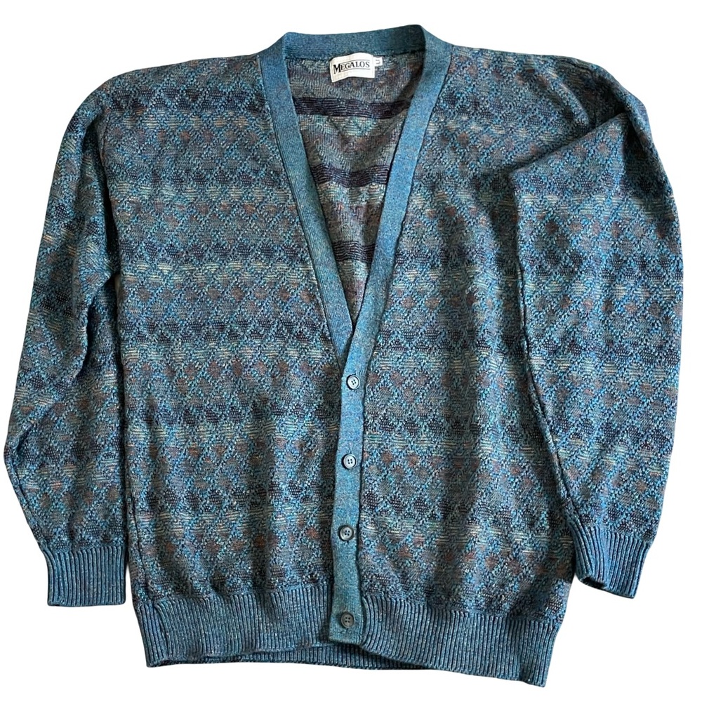 Vintage Megalos Mens LT Multicolor Grandpa Core‎ Knit Button Up Cardigan